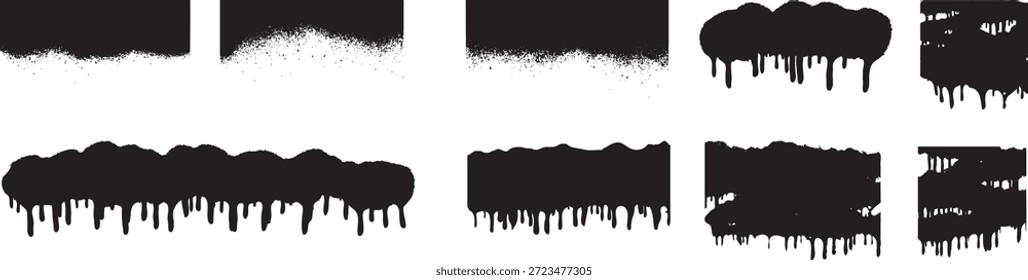 Black dripping paint border set with grunge ink edges and liquid drips. Rough horizontal frames and stains create a messy urban street art style. Ideal for grunge design, banners, posters, and edgy background overlays.