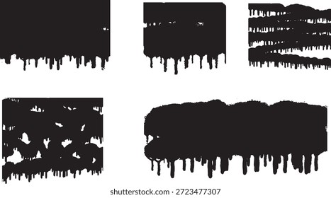 Black dripping paint border set with grunge ink edges and liquid drips. Rough horizontal frames and stains create a messy urban street art style. Ideal for grunge design, banners, posters, and edgy background overlays.