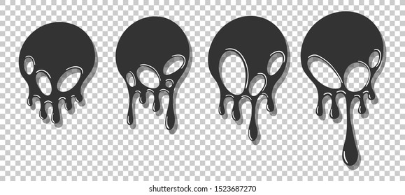 Black dripping round paint with holes set, liquid ink splash and drops. Melted circle vector image. Isolated on transparent background.