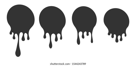 Black dripping round paint set, liquid ink splash and drops. Melted circle vector image. Isolated on white background.