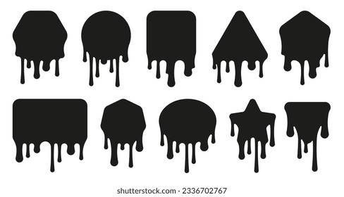 Black dripping shapes. Abstract black oil drops and splashes, simple abstract stain and flow of liquid. Vector chocolate syrup and oil splashes collection. Different shapes with leaking ink