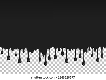 Black dripping slime seamless pattern. Petroleum background with copy space. Kids sensory toy vector illustration. Realistic liquid mucus isolated element. Flowing black fluid. Paint drops and blots.