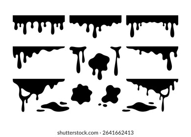 Black dripping slime silhouette vector set. Melting ink or paint drip black illustration collection. Set of dark liquid drip border decoration element pack. Spill, drop, leak, splash, flow, blob