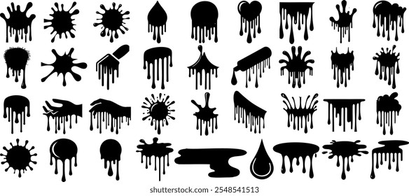 Black dripping strain splatters, paint splash and spills set vector illustration. paint drops, liquid splash, ink drips, abstract fluid shapes for graphic design, backgrounds, stickers