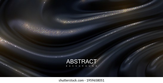 Black dripping substance with golden shimmering glitters. Wavy elegant texture. Abstract background with ripples. Vector 3d illustration. Fluid leak backdrop. Decoration for banner or cover design.