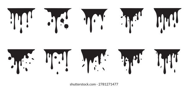 Black drips cascade downward from flat surfaces. Each drip varies in form and motion. Ideal for design, texture, or abstract visuals. No people or animals appear in this image