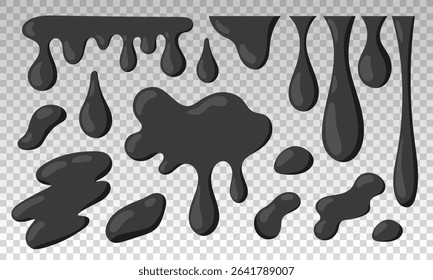 Black drips paint set. Black splashes. Liquid blob drops, ink splash shape. Flat vector illustration isolated on transparent background