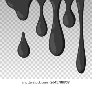 Black drips paint. Black splashes. Liquid blob drops, ink splash shape. Flat vector illustration isolated on transparent background