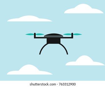 Black drone with blue wings in the sky with clouds