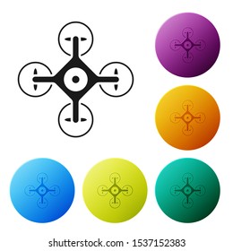 Black Drone flying with action video camera icon isolated on white background. Quadrocopter with video and photo camera symbol. Set icons colorful circle buttons. Vector Illustration