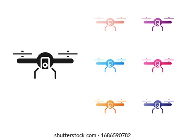 Black Drone flying icon isolated on white background. Quadrocopter with video and photo camera symbol. Set icons colorful. Vector Illustration