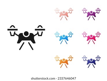 Black Drone flying icon isolated on white background. Quadrocopter with video and photo camera symbol. Set icons colorful. Vector