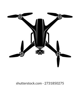 Drone preto com quatro hélices e câmera em um fundo branco, visto diretamente de cima.