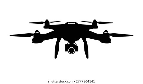 Black drone with propellers and camera isolated on a white background silhouette