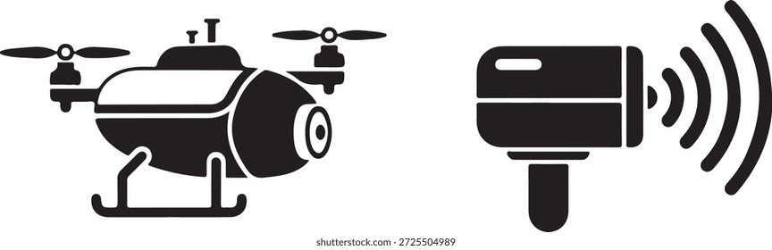 Preto drone e controlador remoto com ondas de sinal fundo branco