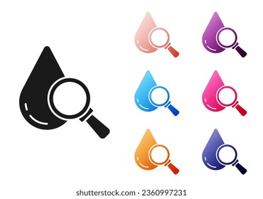 Black Drop and magnifying glass icon isolated on white background. Set icons colorful. Vector