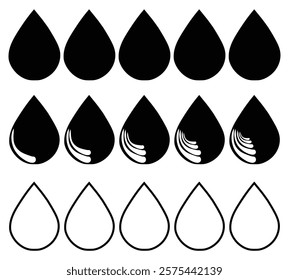 Black droplet and drop silhouettes set icons on white background