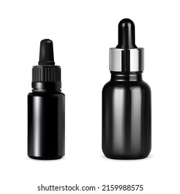 Schwarze Tropferflasche für kosmetisches Serum oder Öl, Vektorgrafik nach oben. Kleiner Glas ätherische Ölflasche mit Pipette, realistisches Set für natürliches Gesicht Kollagen Produkt. Dosenbehältnis