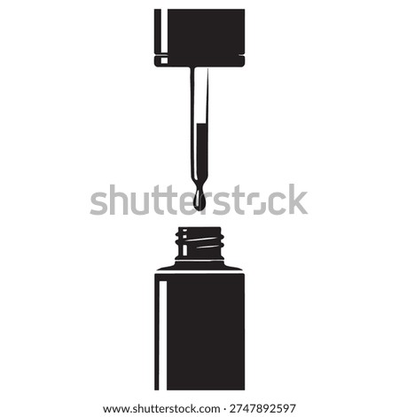 A black dropper is releasing a drop of liquid into a small bottle with a black cap. The is in black and white, showing a precise and accurate dispensing action, commonly used in laboratory or.........