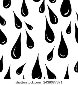 Black drops on white background arranged in vector seamless pattern. Attractive surface art for printing or use in graphic design projects.