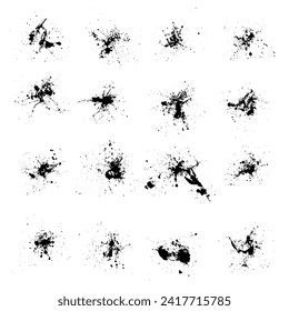  Black drops set white background. Ink drops and splashes. Blotter spots, liquid paint drip drop splash and ink splatter. Artistic dirty grunge abstract spot vector set. Vector Illustration