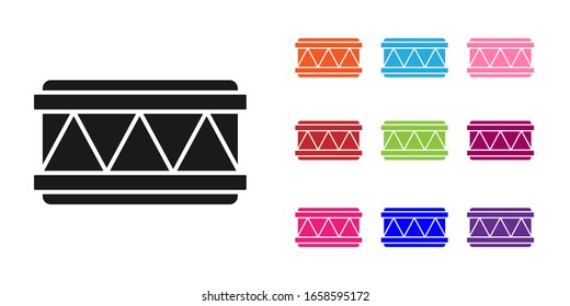 Icono de tambor negro aislado en fondo blanco.Signo musical. Símbolo de instrumento musical. Establecer iconos coloridos.  Ilustración vectorial