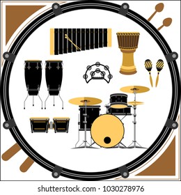 Black drum and percussion musical instruments set vector illustration