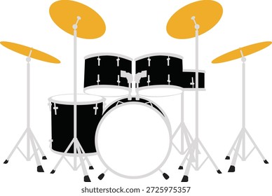 Black drum set outline vector illustration. Detailed percussion kit icon featuring cymbals, bass drum, and snare isolated on white background. Professional music graphic for recording studio branding, band posters, and vinyl cutting.