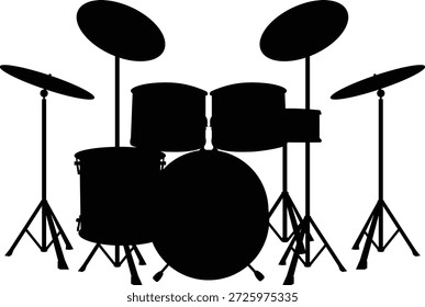Black drum set silhouette vector illustration. Minimalist percussion kit icon with cymbals isolated on white background. Musical instrument graphic for rock band logos, recording studios, and concert promotion.