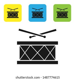 Black Drum with drum sticks icon isolated on white background. Music sign. Musical instrument symbol. Set icons colorful square buttons. Vector Illustration