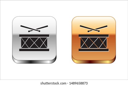 Black Drum with drum sticks icon isolated on white background. Music sign. Musical instrument symbol. Silver-gold square button. Vector Illustration