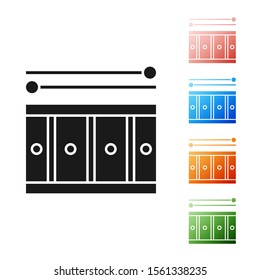 Black Drum with drum sticks icon isolated on white background. Music sign. Musical instrument symbol. Set icons colorful. Vector Illustration