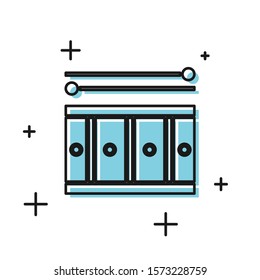 Black Drum with drum sticks icon isolated on white background. Music sign. Musical instrument symbol.  Vector Illustration