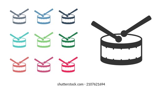 Black Drum with drum sticks icon isolated on white background. Music sign. Musical instrument symbol. Set icons colorful. Vector