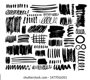 Black dry brush strokes hand drawn set. Grunge smears collection with curled lines and stripes. Abstract ink brush doodle textures. Vector ink freehand drawing. Hand drawn scribbles.