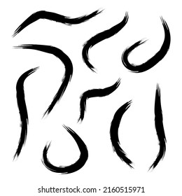 Black dry brush strokes hand drawn vector set. Curved and zig zag black paint brush strokes. Grunge smears collection with wavy, doodle, freehand lines. Abstract ink doodle textures. Freehand drawing.