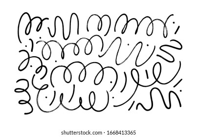 Black dry brushstrokes hand drawn vector set. Curved and zig zag black paint brushstrokes. Grunge smears collection with wavy, doodle, freehand lines. Abstract ink doodle textures. Freehand drawing.