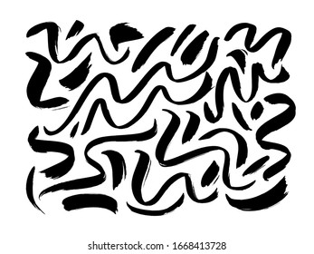 Black dry brushstrokes hand drawn vector set. Curved and zig zag black paint brushstrokes. Grunge smears collection with wavy, doodle, freehand lines. Abstract ink doodle textures. Freehand drawing.