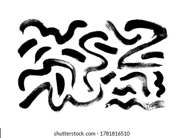 Black dry brushstrokes hand drawn vector set. Curved and zig zag black paint brushstrokes. Grunge smears collection with wavy, doodle, freehand lines. Abstract ink doodle textures. Freehand drawing.