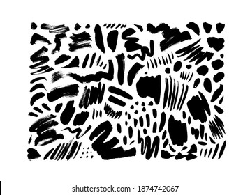 Black dry brushstrokes hand drawn vector set. Curved and zig zag black paint brushstrokes. Grunge smears collection with wavy, doodle, freehand lines. Abstract ink doodle textures. Freehand drawing.