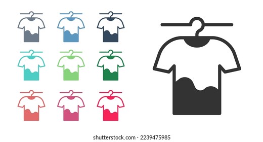 Black Drying clothes icon isolated on white background. Clean shirt. Wash clothes on a rope with clothespins. Clothing care and tidiness. Set icons colorful. Vector
