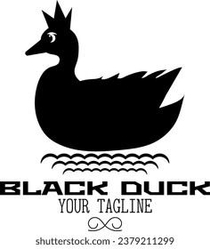 Black duck in a crown on the waves logo with text on white background. Vector illustration