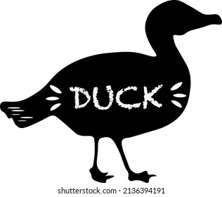 Schwarzes Schwein auf weißem Hintergrund mit der Aufschrift Ente. Ducklogo, Vektorgrafiken