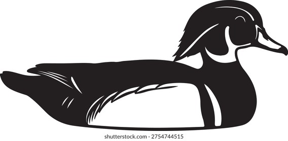 Black duck silhouette profile, resting, bird graphic element, isolated on checkered background.