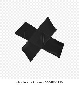 Black duct tape cross. Realistic black adhesive tape cross for fixing isolated on transparent background. Realistic 3d vector illustration