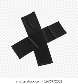 Black duct tape cross. Realistic black adhesive tape cross for fixing isolated on transparent background. Realistic 3d vector illustration