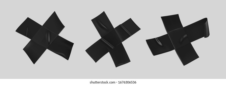 Traje de cinta de conducto negro. Cruz de cinta adhesiva negra realista para fijarla aislada sobre fondo transparente. Cruz escocesa. Ilustración vectorial 3d realista