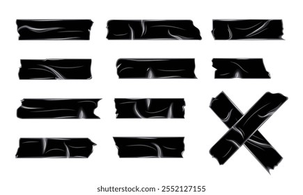 Piezas de cinta adhesiva negra sobre fondo blanco. Cinta de plástico adhesiva arrugada para foto y envoltura de paquete de papel. Parches escoceses arrugados realistas 3D, tiras de papel pegajoso Vector