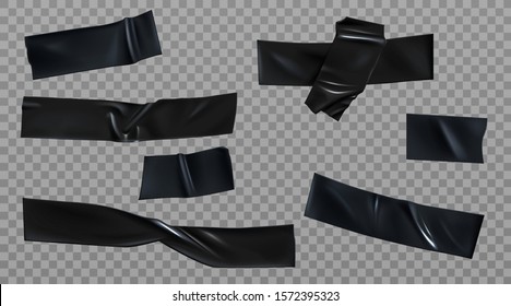 Black duct tape set. Insulating adhesive wrinkled stripes and cross glued sticky scotch pieces for fix, repair or packaging purpose isolated on transparent background Realistic 3d vector illustration
