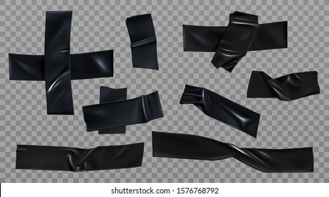 Black duct tape set. Insulating adhesive wrinkled stripes and cross glued sticky scotch pieces for fix, repair or packaging purpose isolated on transparent background Realistic 3d vector illustration